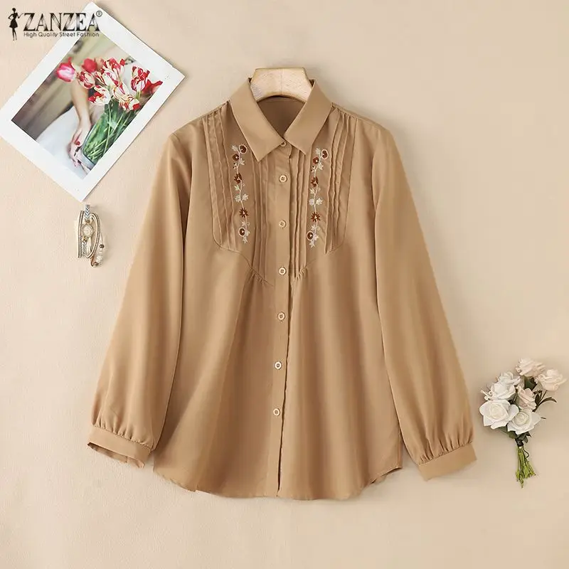 

Casual Summer Spring Women Shirts Fashion ZANZEA Floral Embroidery Turn-down Collar Female Long Sleeve Tops Shirt Loose Blusas
