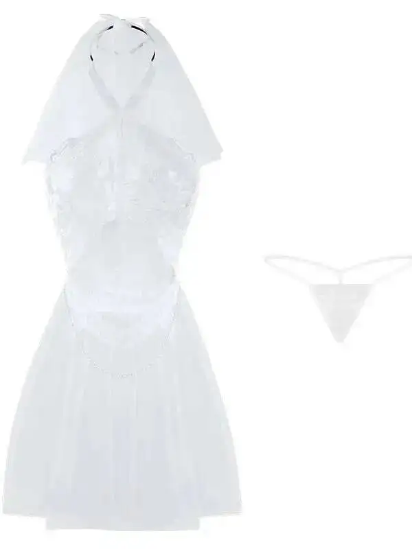 Sexy Women's Lace Soft Gauze Dress Elegant Nightdress See-through Pure Desire Bridal Uniform Tank Mini Dress Sheer Thin Top XH70