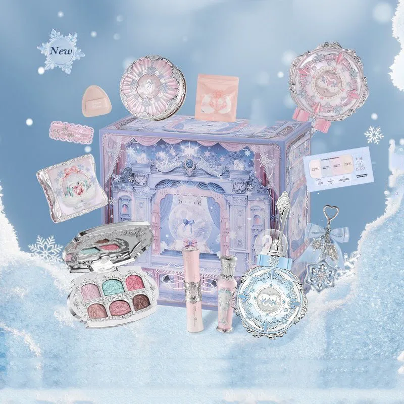 Flower Knows Snow Ballet Makeup Gift Box Velvet Blusher,Compact Powder,Shimmer Eye Shadow Palette Long-Lasting Concealer Set