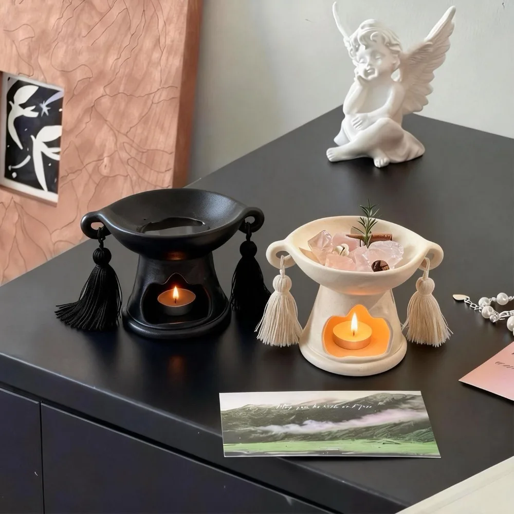 Boho Style Tassel Ceramic Aroma Burner Wax Melt Warmer Essential Oil Tealight Holder For Bedroom Bathroom Home Ornament