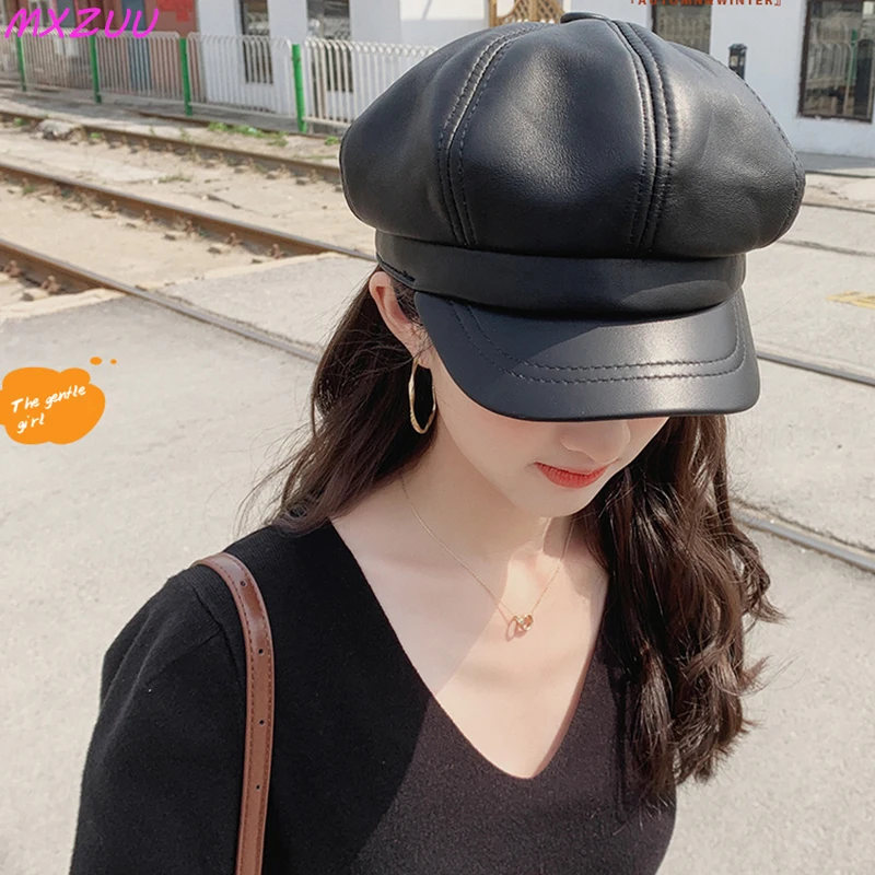 

Women Real Sheepskin Peaked Caps Fashion Literary Berets Newsboy Painter Octagonal Hats British Retro All-match Casquette Femme