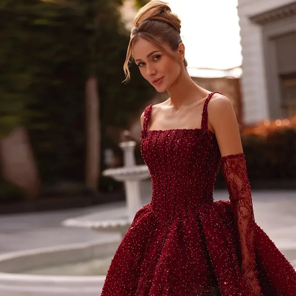 Customized Sequin A Line Engagement Dresses Square Neck Beading Evening Gown Corset Princess vestidos de novia Sweep Train