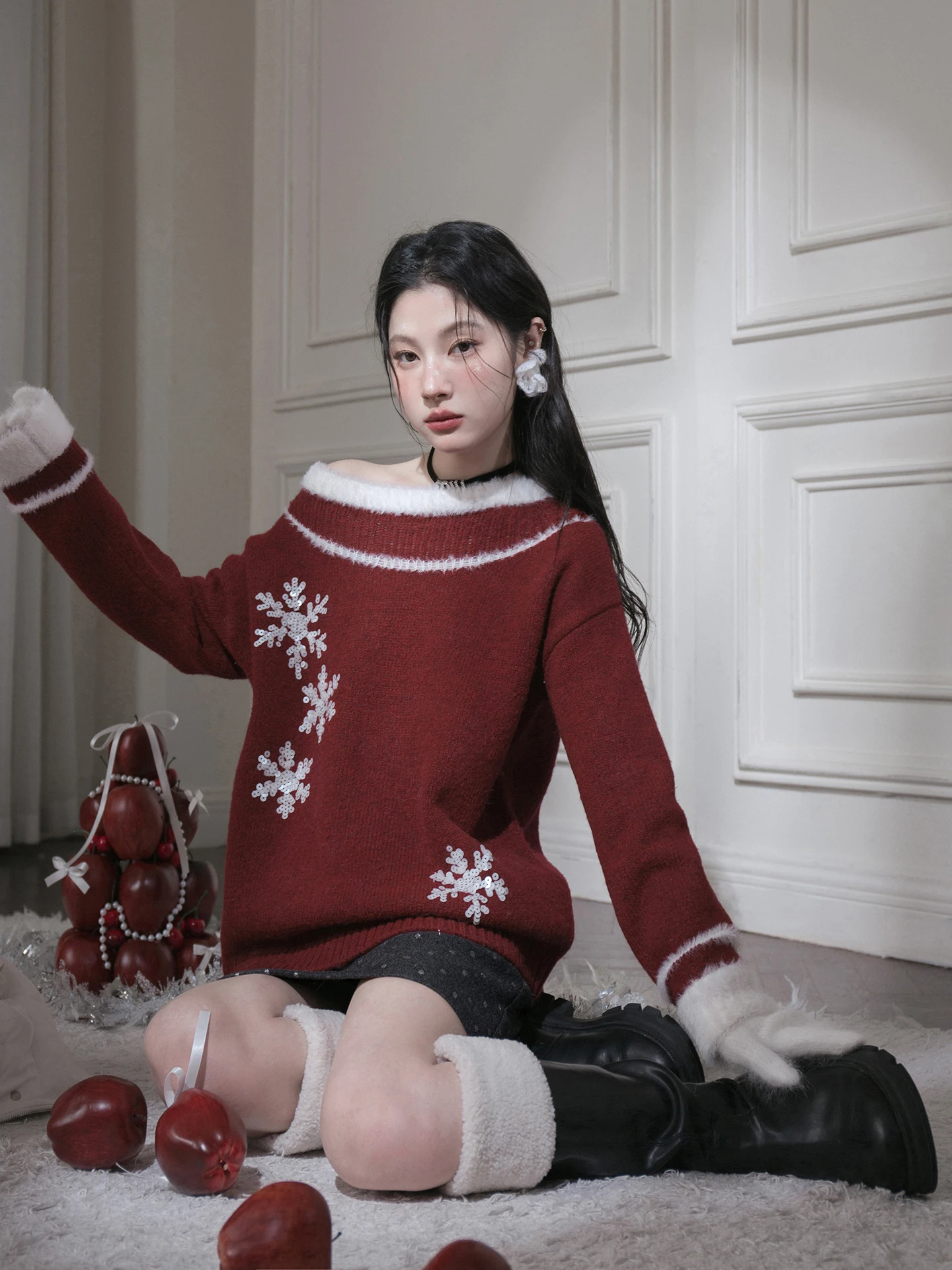 

COTRE Праздничный свитер с вышивкой снежинок, мягкий и удобный, из нейлоново-акриловой смеси, с длинными рукавами, осень-зима