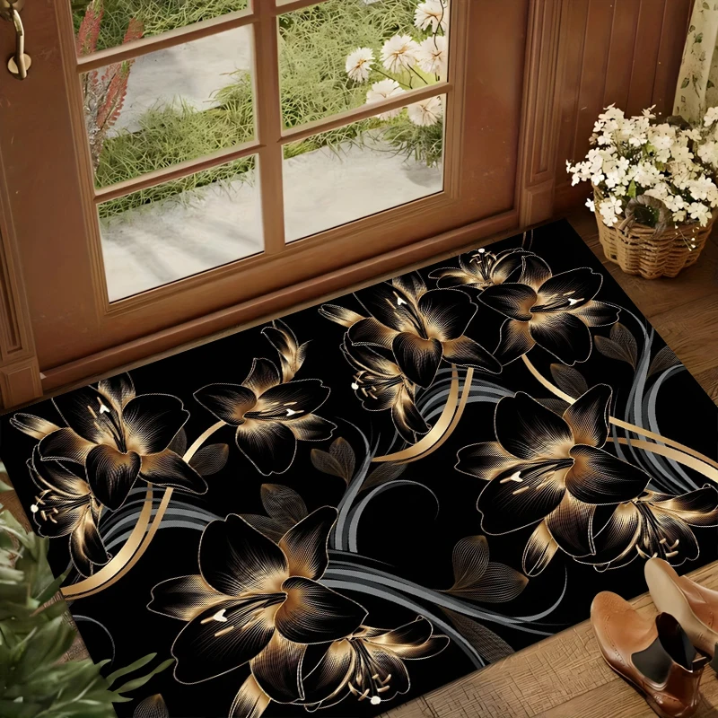 Luxury Black Gold Floral Area Rug Elegant Lily Decorative Carpet for Opulent Home Decor Non-Slip Washable Floor Mat Retro Decor