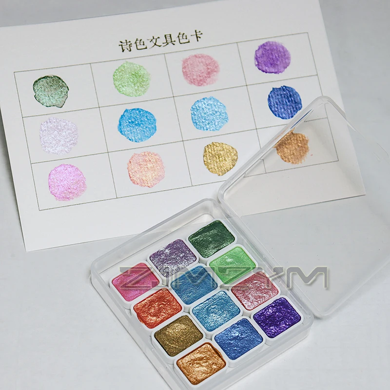 12 สี Pearlescent สีน้ํา 1ml Pigment คู่มือ Solid สีน้ําชุดสีทึบกล่องสําหรับเล็บตกแต่งภาพวาด