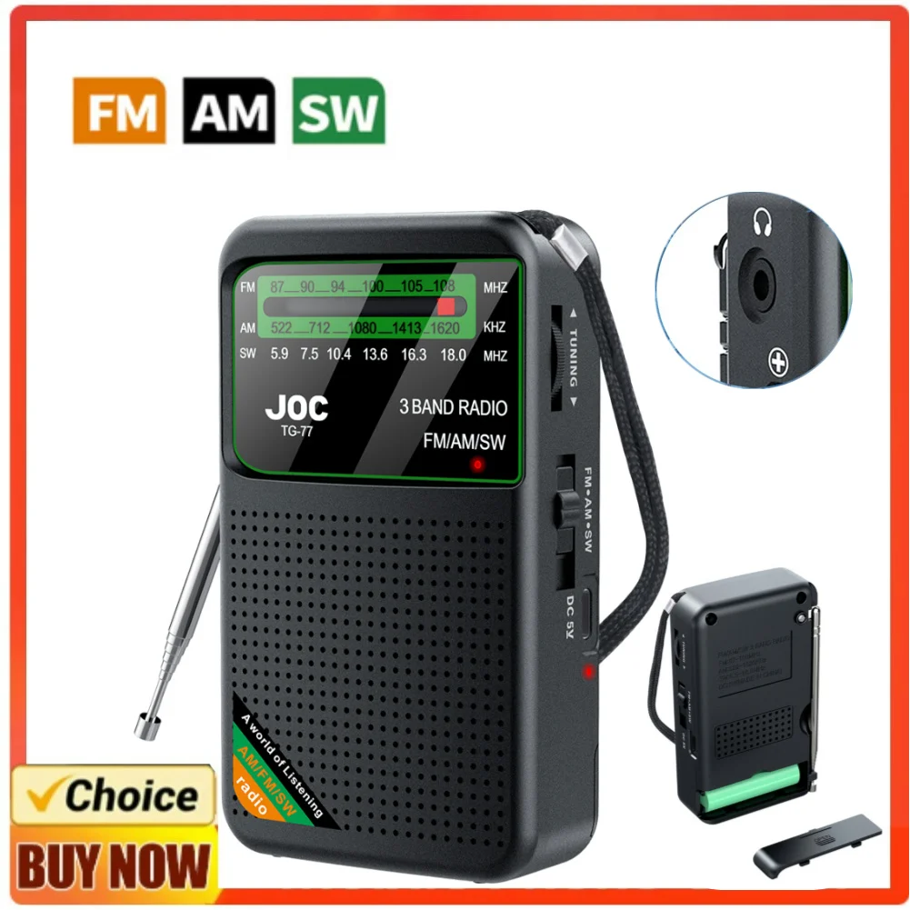 Portable Radio AM/FM/SW Pocket Radio Mini FM Receiver Radios with Rechargeable Battery Good Reception Supports Wired Earphone