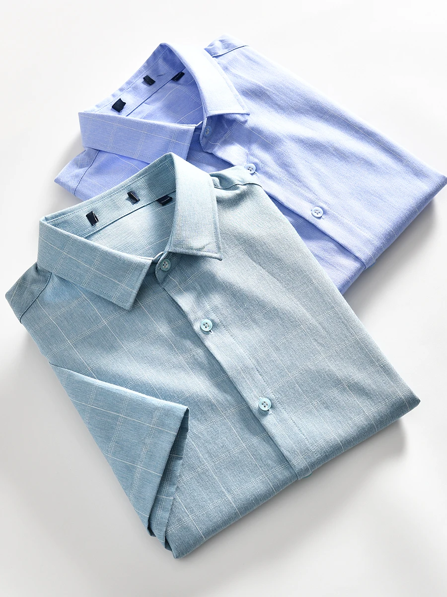 

Men's Fashionable Summer Slim Fit Casual Short Sleeve Shirt Elastic Cotton Blend Breathable Standard Fit Sharp Collar Checkered