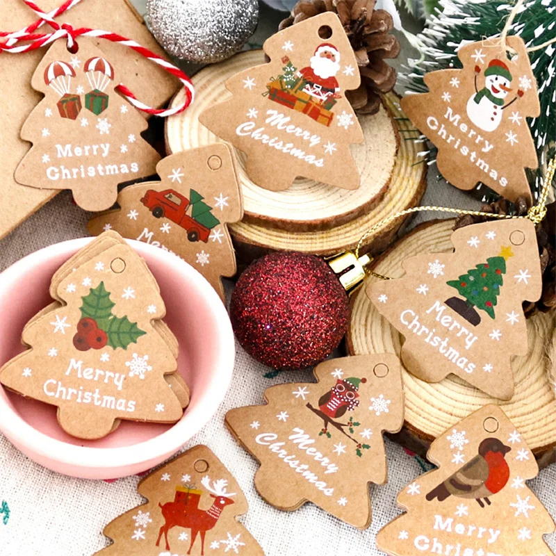 48Pcs Merry Christmas Kraft Paper Tags with Strings Xmas Tree Hanging Labels Christmas Party Gift Tags Cookie Packaging Supplies