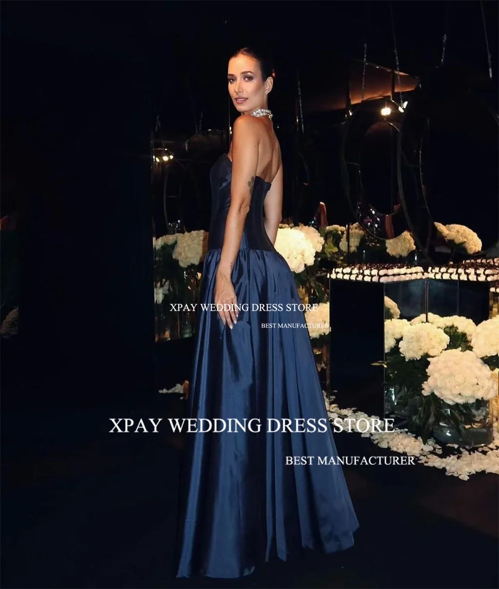 XPAY Elegant Strapless A Line Prom Dress Sleeveless Dubai Saudi Arabic Customized Taffeta Navy Blue Formal Evening Party Dress