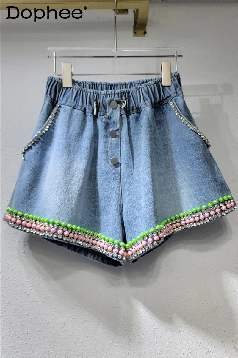 

Heavy Industry Rhinestone Colorful Beads Blue Short Jeans Women Elastic Waist Loose Slimming Casual Denim Shorts 2023 New Shorts