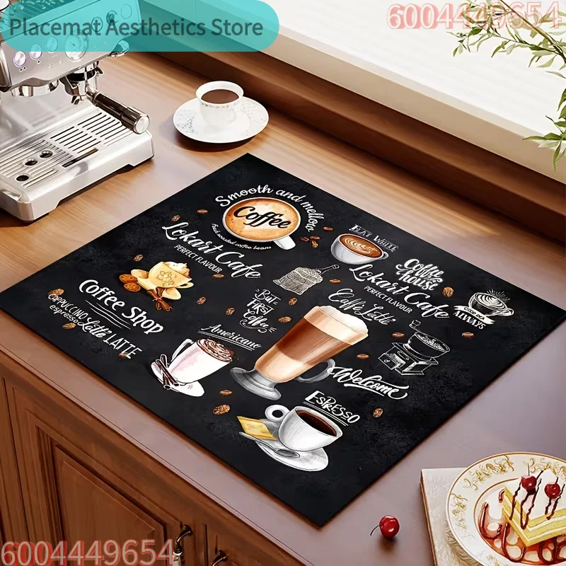 Coffee Machine Desktop Mat with Latte Time Pattern Retro Bohemian Style Earth Countertop Absorbent Pad Tableware Drain Pads