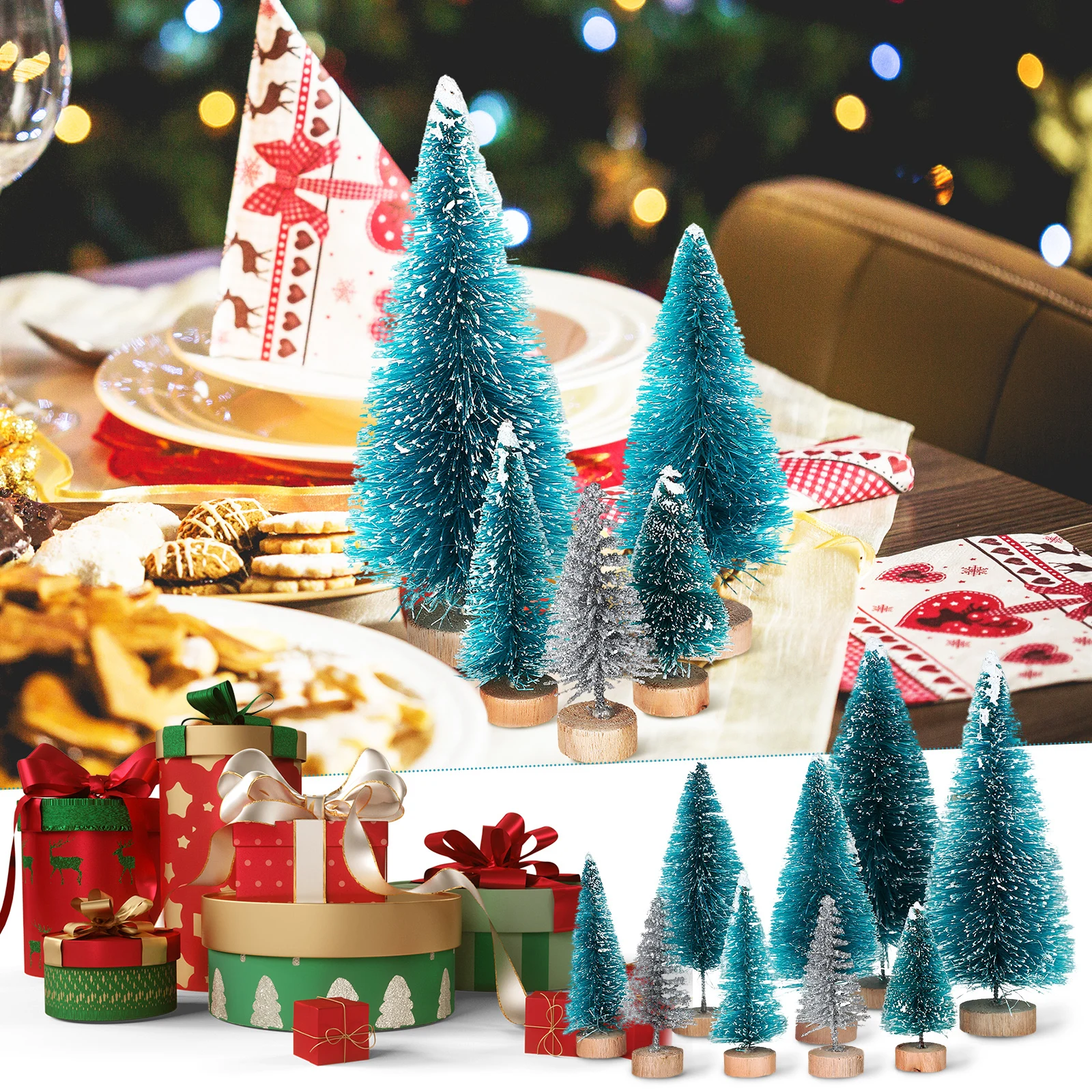 

28Pcs Mini Christmas Tree Decorations Plastic Bottle Brush Trees for Tabletop Xmas Party Home Festival Scene Artificial Desktop