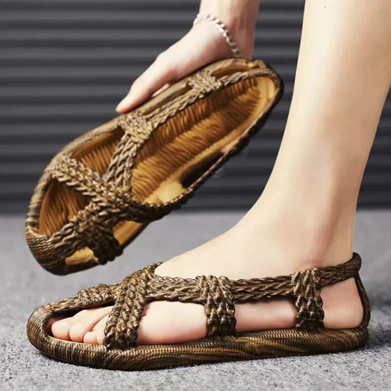 Retro Personality Summer Sports Sandals For Men Women Vine Woven Rubber Sandalias Soft Comfortable Beach Shoes Open-Toe 2024