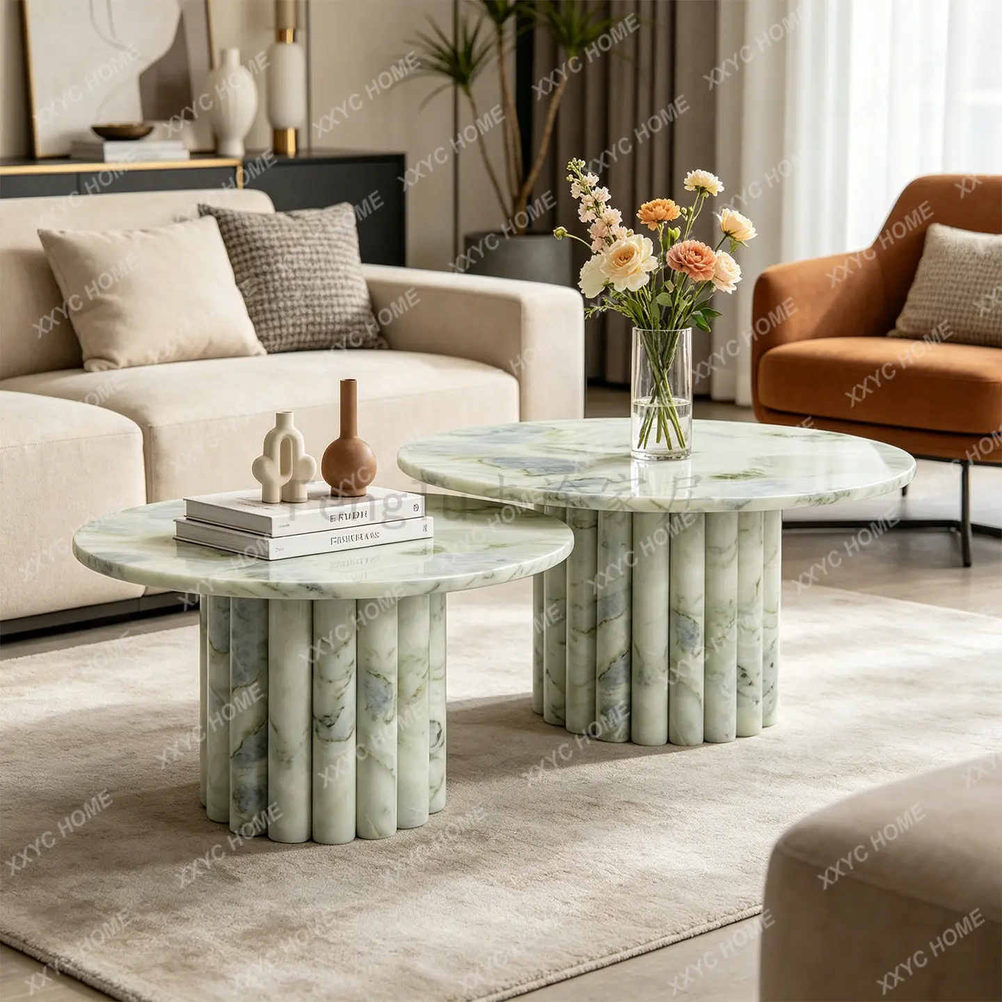 light luxury high-grade natural marble round coffee table living room sofa coffee table combination