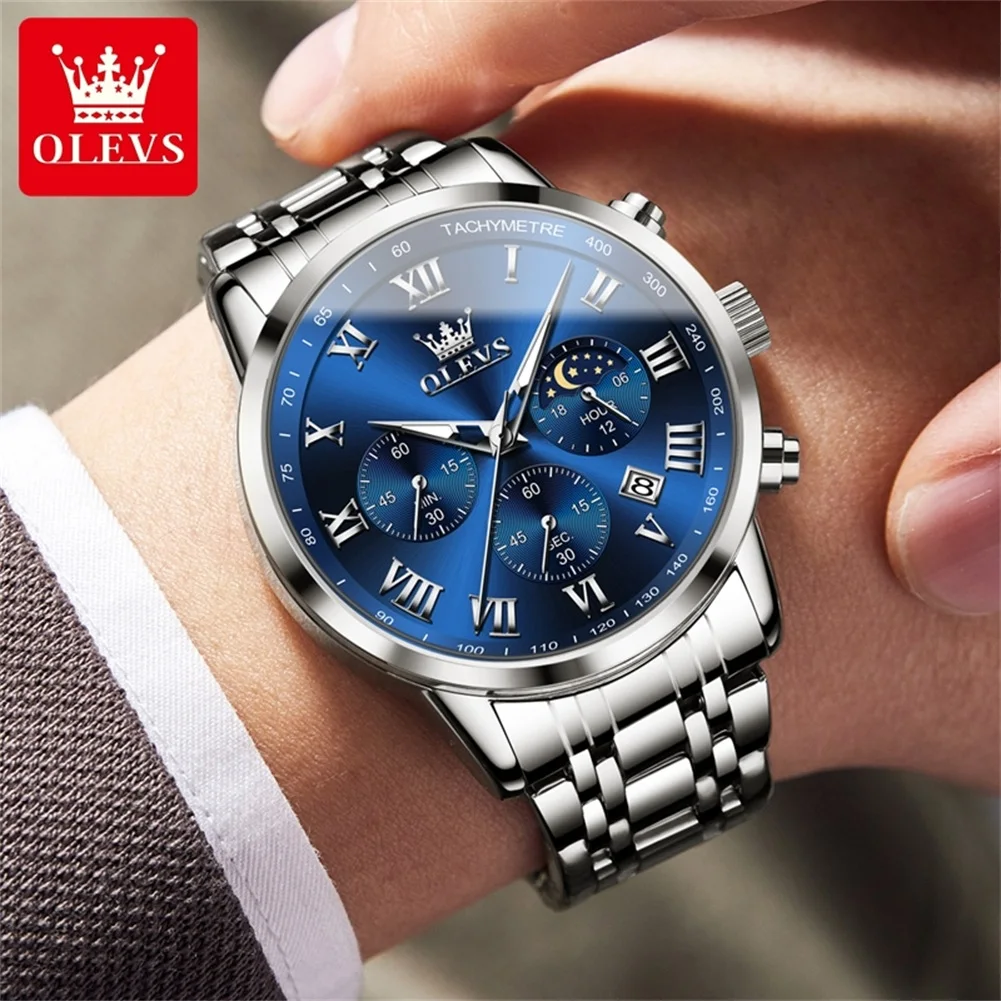 

2024 OLEVS Top Brand Men's Watches Luxury Silver Blue Quartz Wristwatch Waterproof Luminous Moon Phases Watch for Men Date Clock