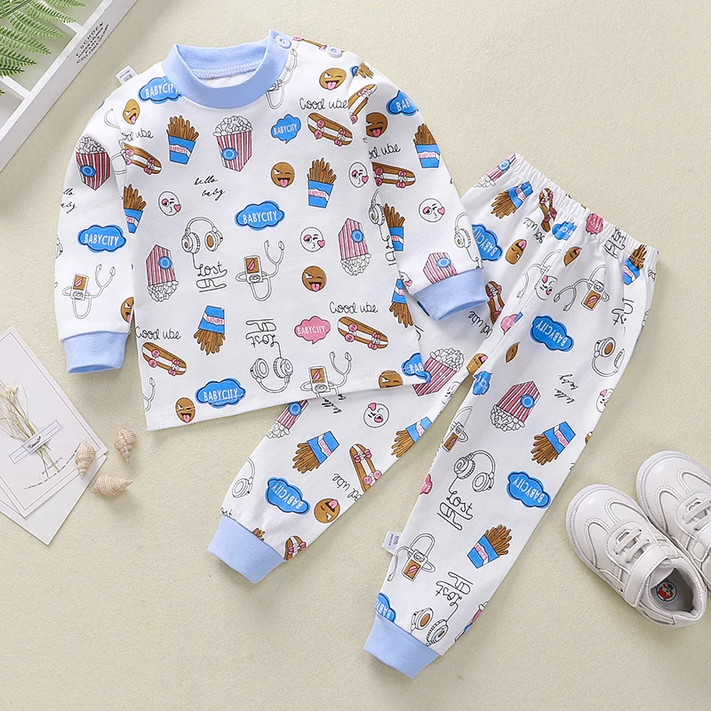 hibobi 2 Piece Set Car Pattern Round Neck Pure Cotton Toddler Boys Pajamas Pajama Pants Set Cute Casual Fashion Home Wear