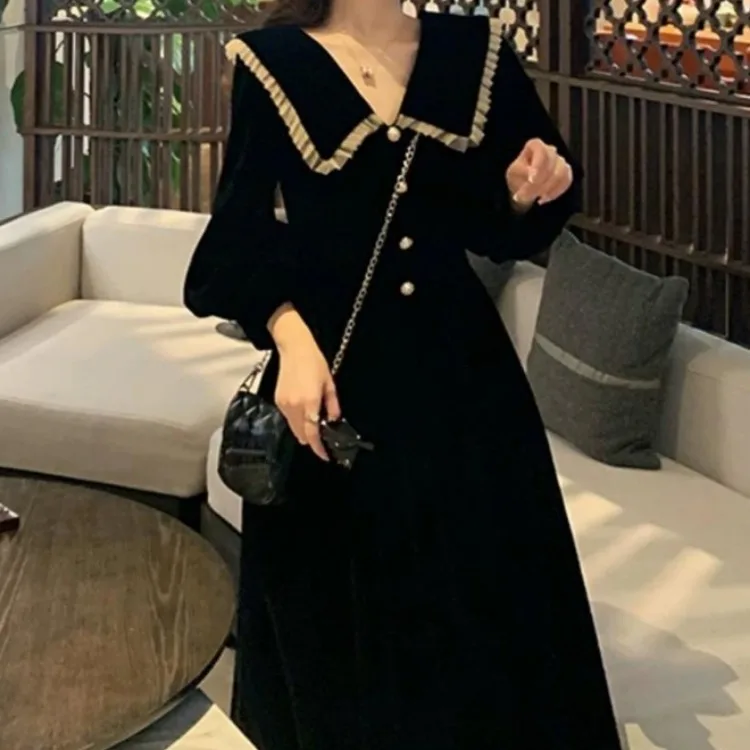 Sweet Vintage Black Peter Pan Collar Dresses Autumn New Slim Waist Dress for Women Y2k E-Girl Long Sleeve Vestidos Mujer