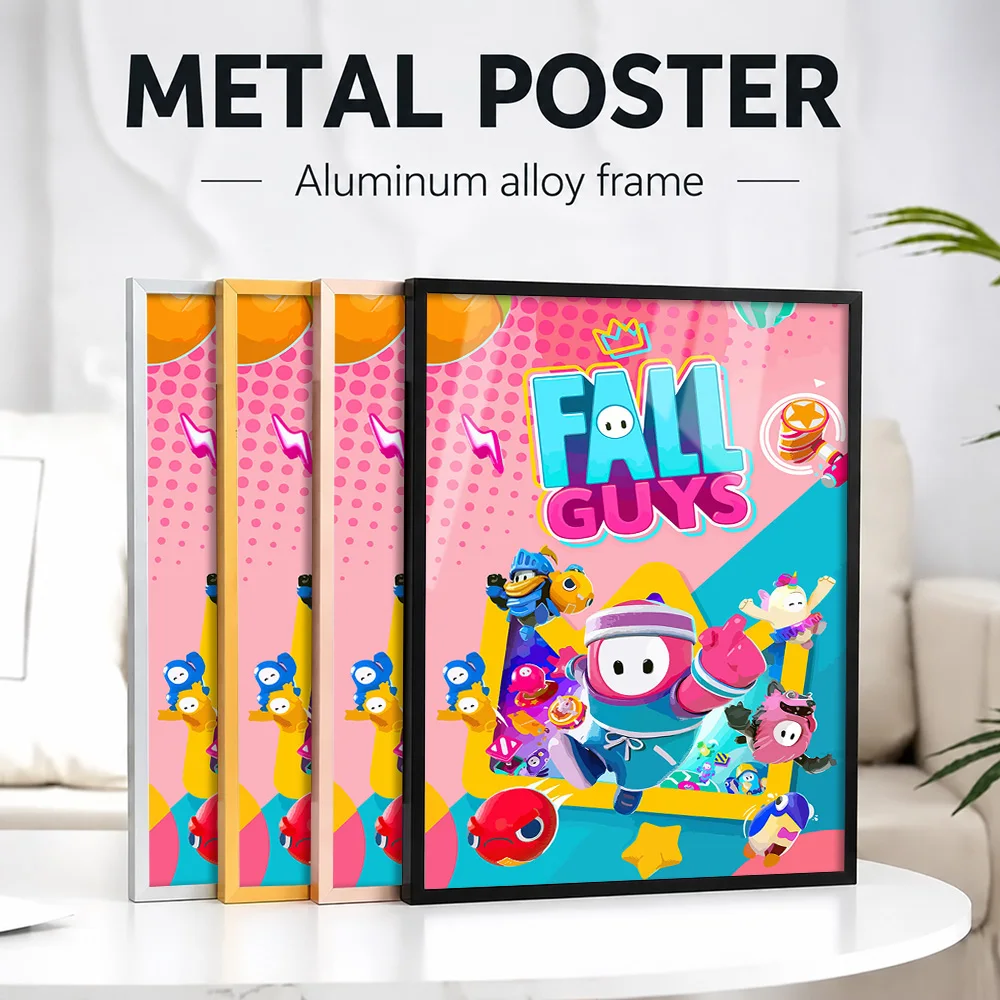 Fall Guys Game Framed Metal Print Customized Photo Immersive Adventure Style Wall Art For Bedroom And Study Fantasy Fan Gift