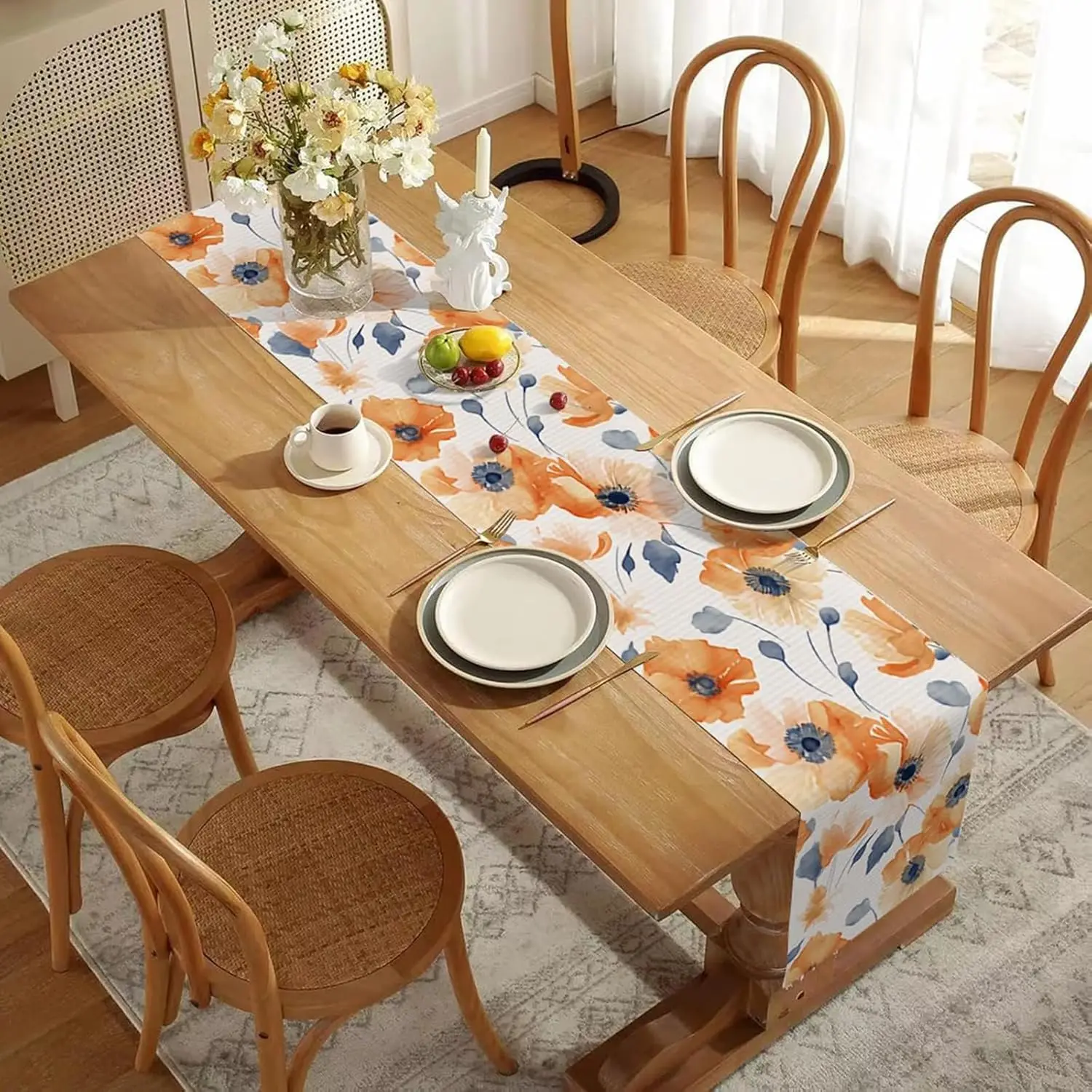 Orange Floral Fall Table Runner - 1PC Poppy Flower Seasonal Autumn Indoor Outdoor Kitchen Dining Table Cover