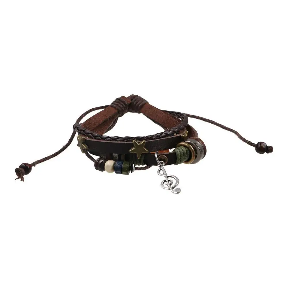 Trendy Charm Wood Beads Alloy Star Leather Gypsy Hippie Bracelet Hand Rope Men Bracelet Braided Bracelet
