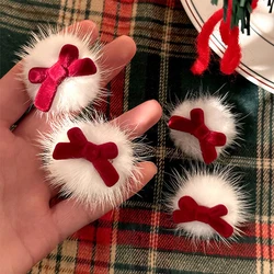 4pcs Christmas & New Year Red Bow Plush Side Duckbill Clip Hair Ornament is suitable for women to wear