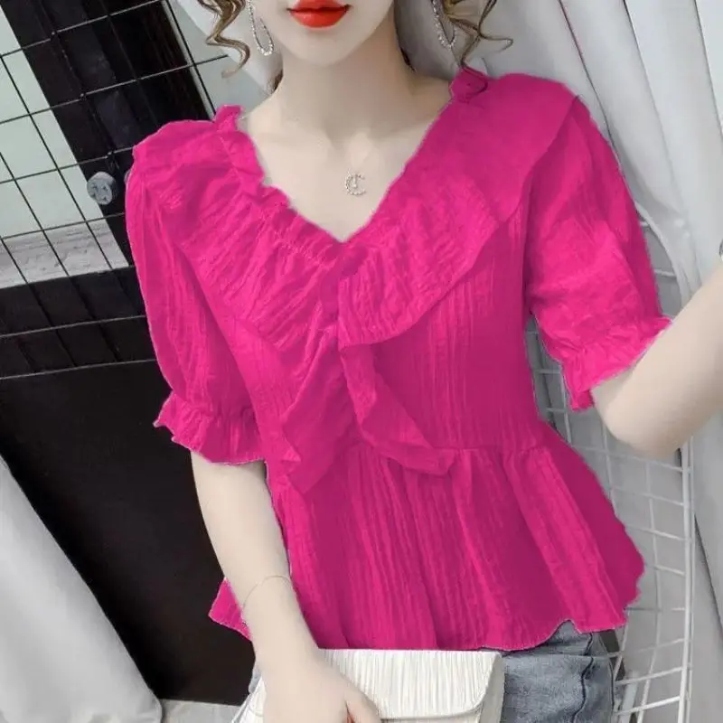 Women Summer Simplicity Loose Pleated Solid Color V-neck Short Sleeve Chiffon Shirt Women Clothes Casual All-match Trend Tops