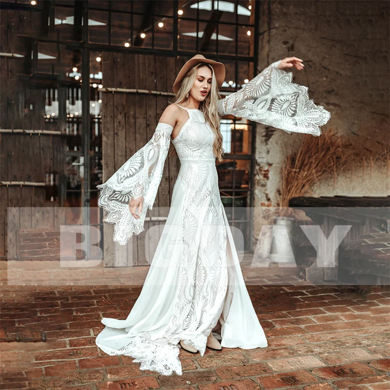 Elegant Mermaid Boho Wedding Dresses Women 2024 White Lace Long Sleeve Open Back Split Bridal Gown Sweep Train Vestidos De Noiva