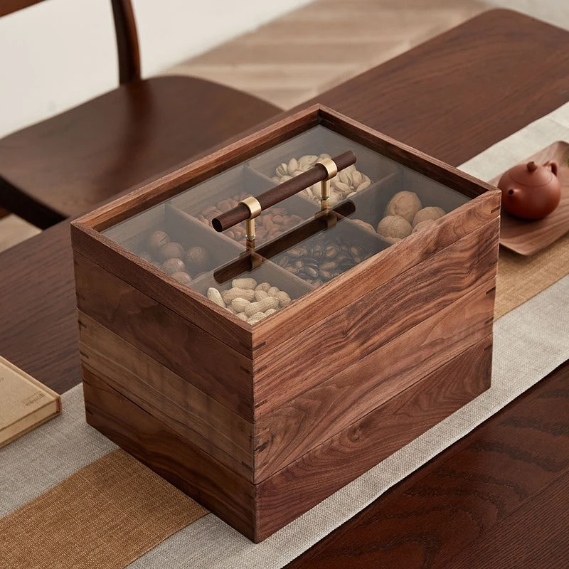 

Walnut solid wood snack compartment desktop dried fruit plate household with lid box fruit plate storage box