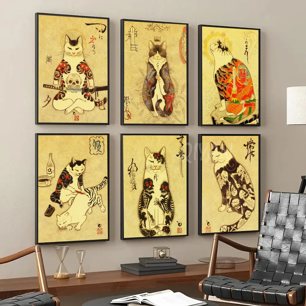 

Japanese Samurai Cat Retro Art Poster Paper Print Home Living Room Bedroom Entrance Bar Restaurant Cafe Art Painting Decoration