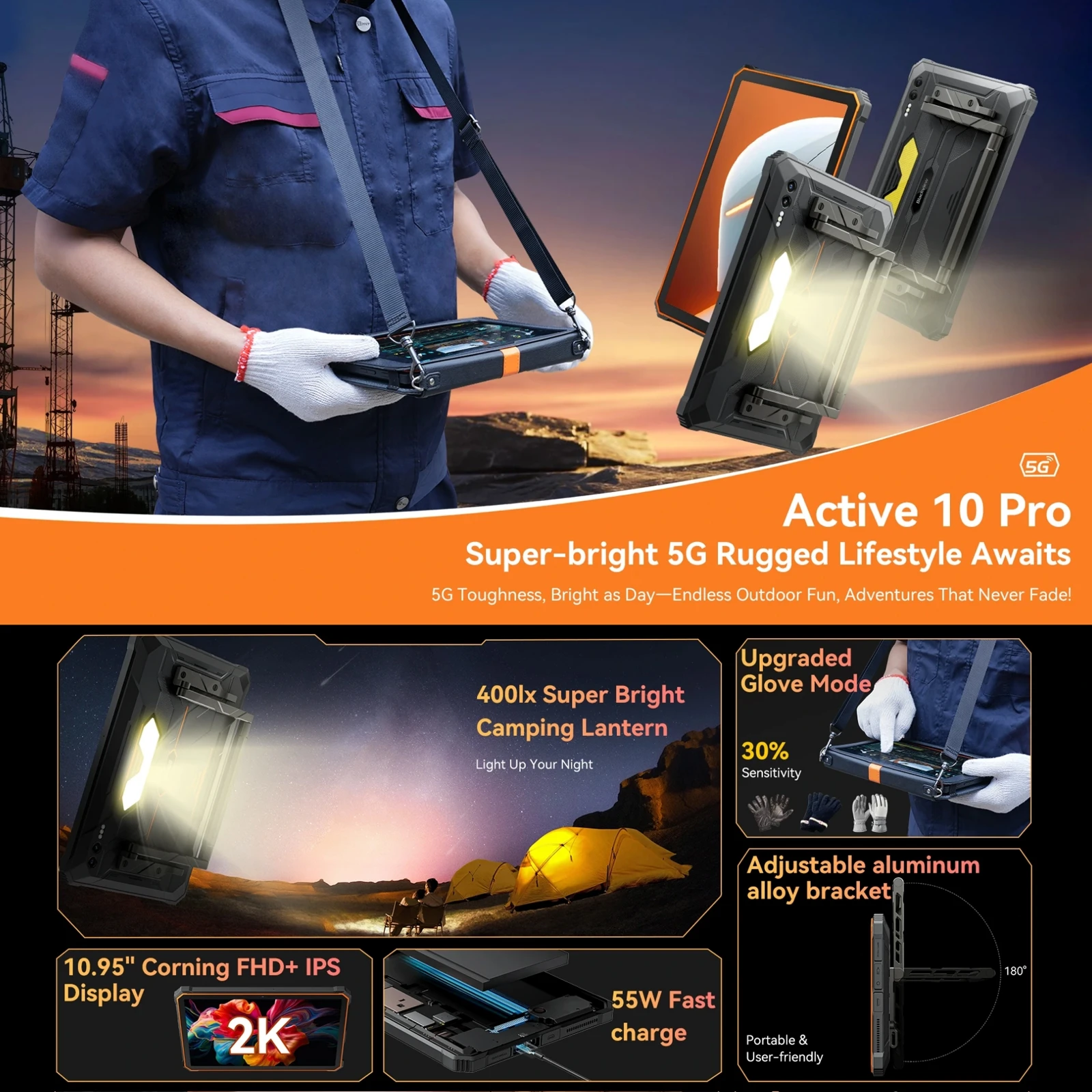 كمبيوتر لوحي Blackview Active 10 Pro 5G متين مقاس 11 بوصة FHD + شاشة 12 جيجابايت + 256 جيجابايت/ 512 جيجابايت 30000 مللي أمبير في الساعة 55 وات بطارية 108 ميجابكسل كاميرا أندرويد 14 NFC