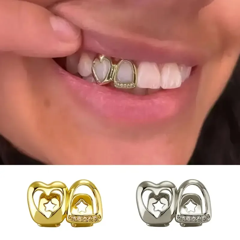 1pc Hollow Love Dual Splice Bracket-Cool Glossy Hip-Hop Style, Golden-Tone Metal Tooth Guard, Suitable for Streetwear and Party