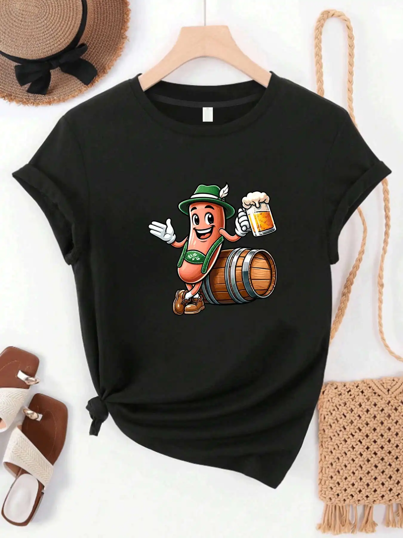 【MYJ062655】Beer Festival women's T-shirt wine barrel small figure pattern round neck short sleeved T-shirt for women