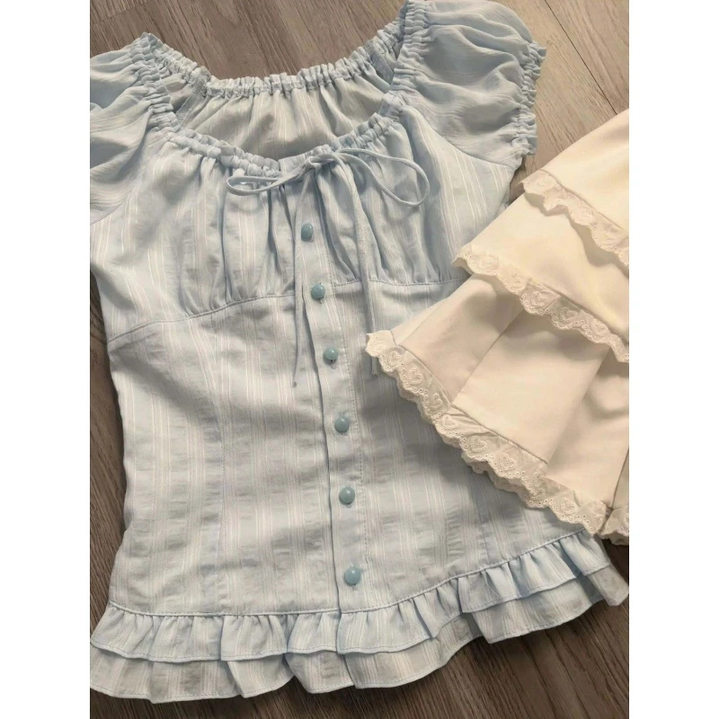 

Deeptown Sweet Blue T-shirts Women Kawaii Coquette Fashion Bow Short Sleeve Tees Korean Style Elegant Summer Slim Up T-Shirts