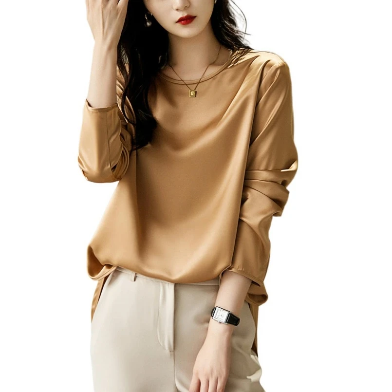 Simple O-Neck Long Sleeves Satin Shirt Casual Loose Fashion Woman Clothing 2024 New Design Side Split Female Shirt Work Wear Top