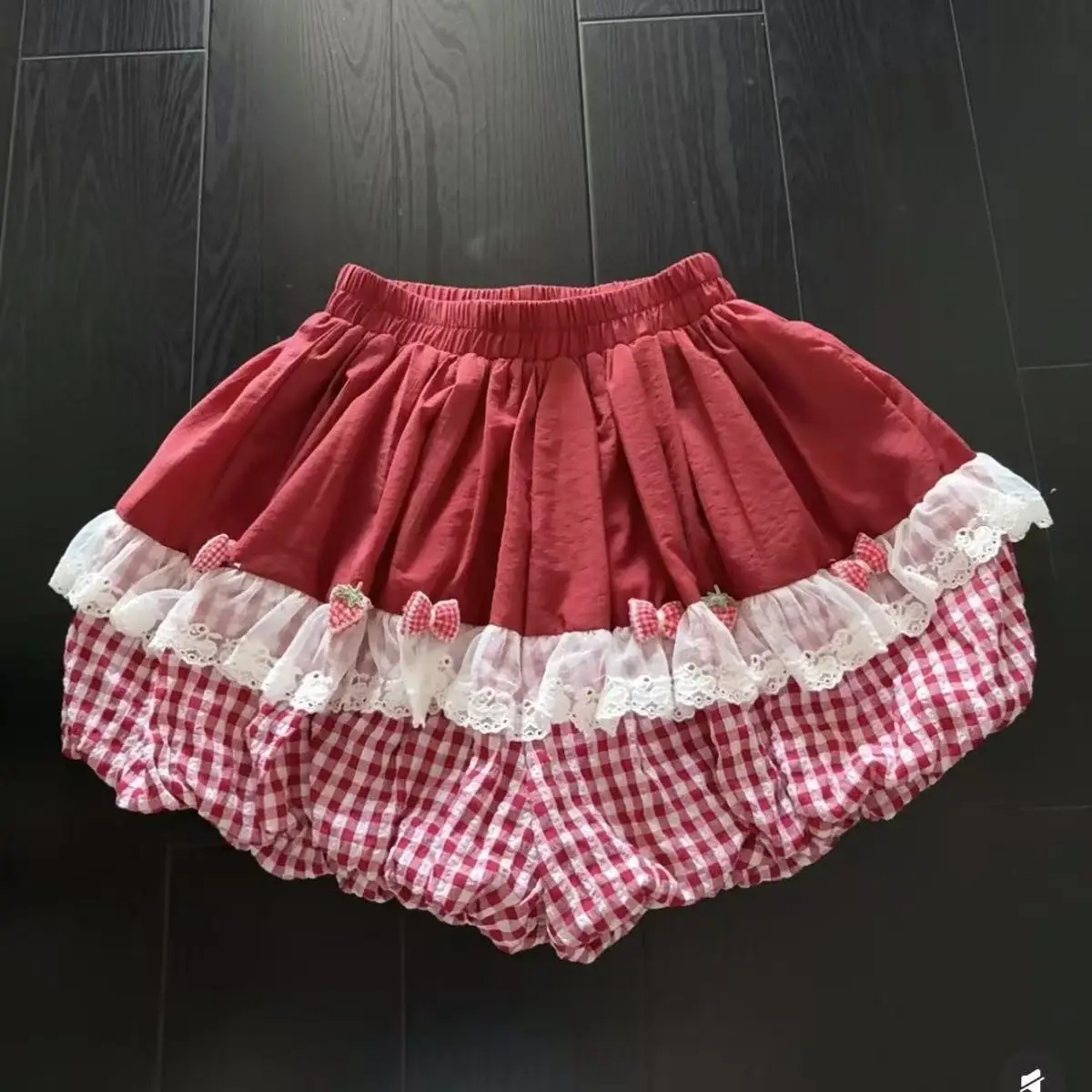 

Ball Gown Mini Skirts Lantern Pants Junior Girls Lovely Cute Lace Patch Contrast Color Kawaii Skirts Summer Elastic Waist Korean