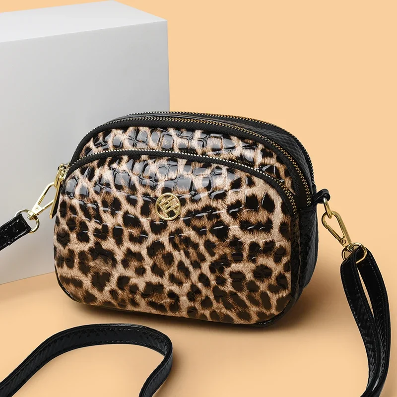 New 2025 Womens Small Messenger Bag PU Leather Shiny Shoulder Bag Fashion Saddle Bags Leopard print Phone Purse Lipstick Storage