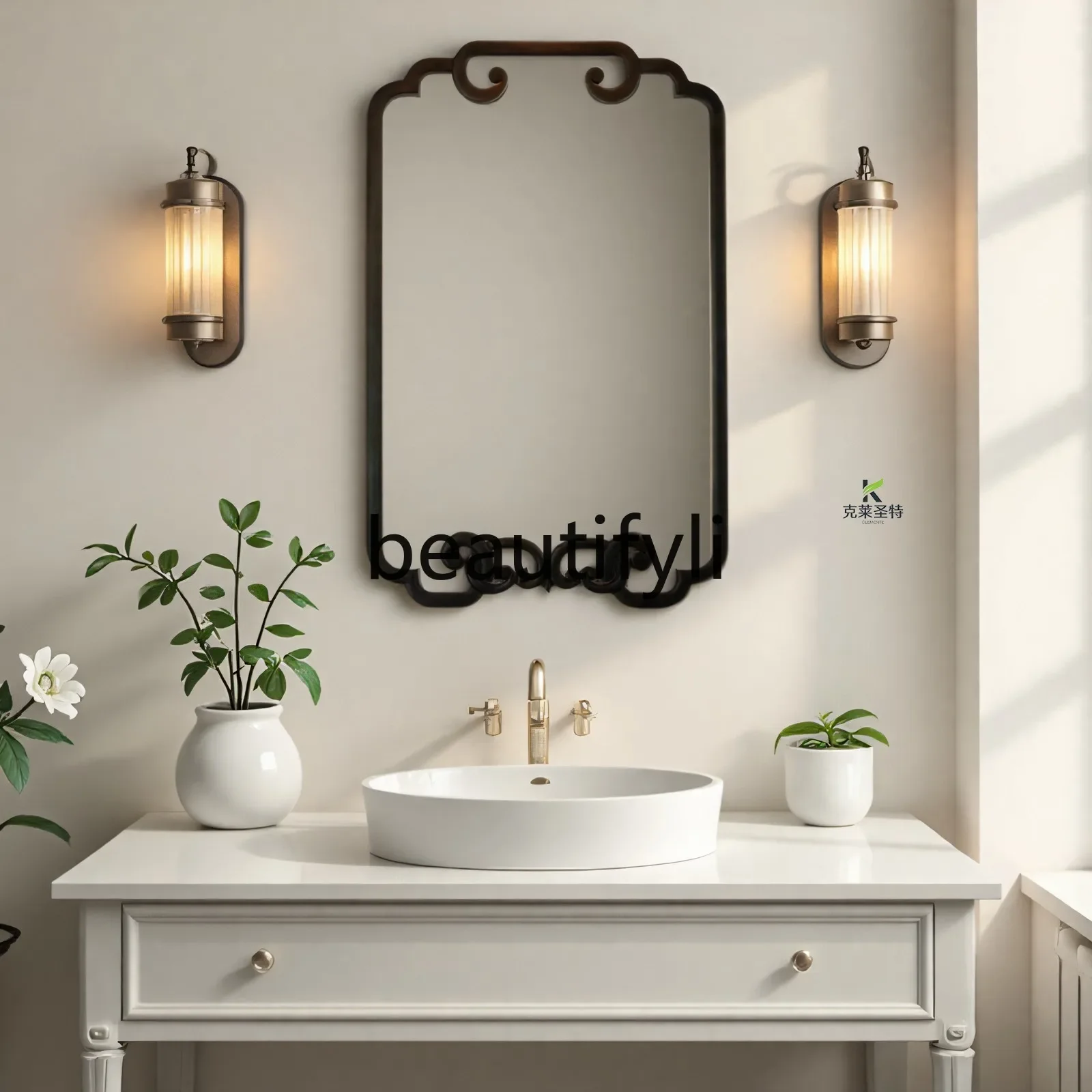 

French retro bathroom mirror wall hanging smart bathroom black mirror European vanity makeup mirror5556