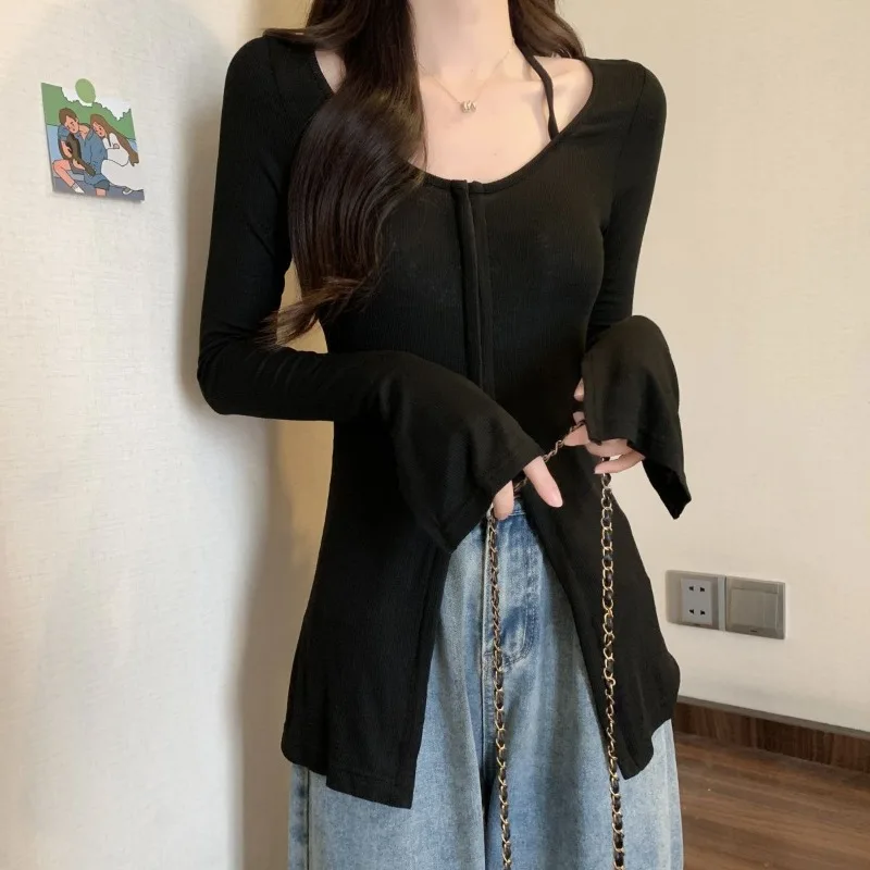 Large Size Autumn and Winter New Style Design Slit Long-sleeved T-shirt for Women Slim Fit Slim Bottom Shirt Top