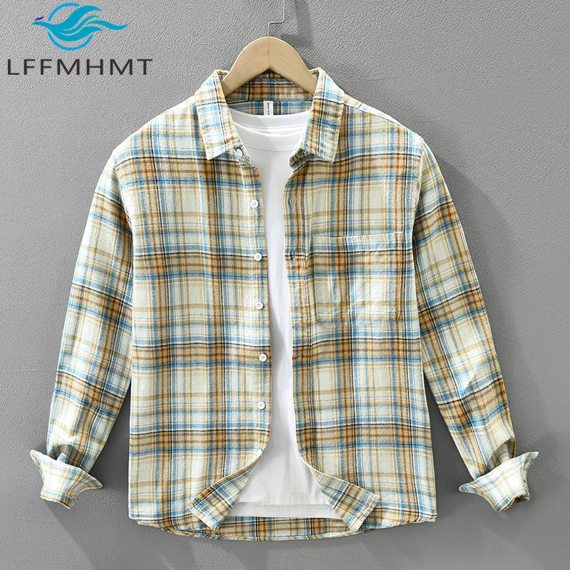 

100% Cotton Spring Autumn New Vintage Plaid Soft Cozy Long Sleeve Shirt for Men Comfortable Clothing Versatile Streetwear 7673
