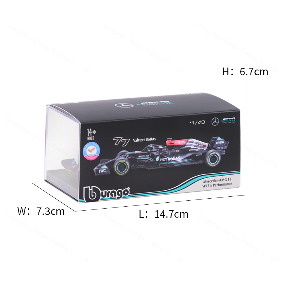 Bburago 1:43 Mercedes AMG 2021 W12 E Desempeño # 44 Coche de fórmula de carreras modelo F1 de aleación fundida a presión de simulación estática