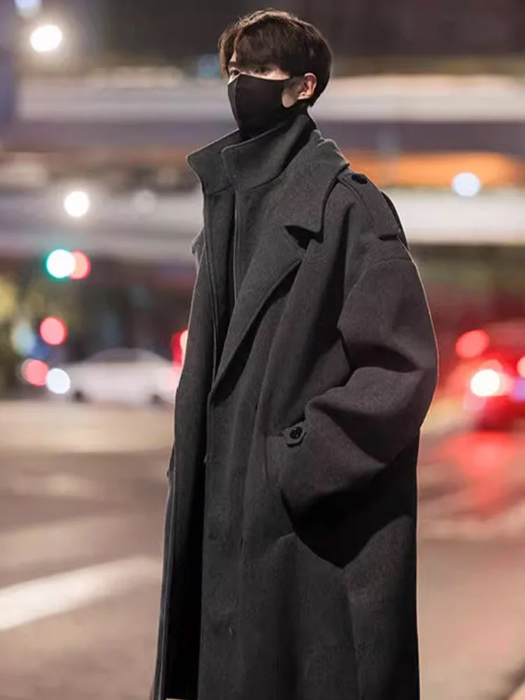 

ay Woolen Coat Men's Thiened Over-Knee Mid-Length Autumn Winter Faionable Outerwear Classy Feel Polyester Fiber Warmth