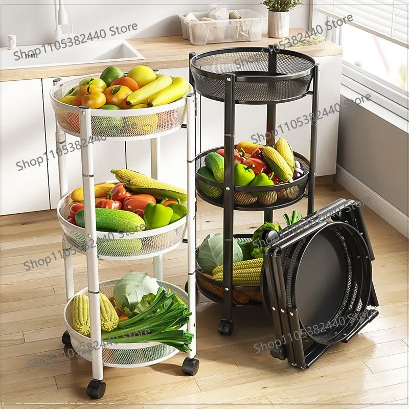 trolley rack rotating folding kitchen fruit and vegetable basket new floor removable storage rack multi-layer stainless steel