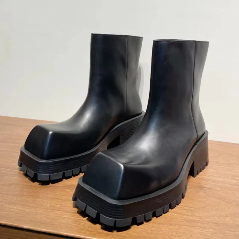 Grube dno kwadratowe Toe Chelsea Boots dla mężczyzn i kobiet skórzane botki zwiększona moda wodoodporne antypoślizgowe buty dla par