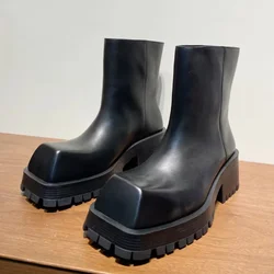 Grube dno kwadratowe Toe Chelsea Boots dla mężczyzn i kobiet skórzane botki zwiększona moda wodoodporne antypoślizgowe buty dla par