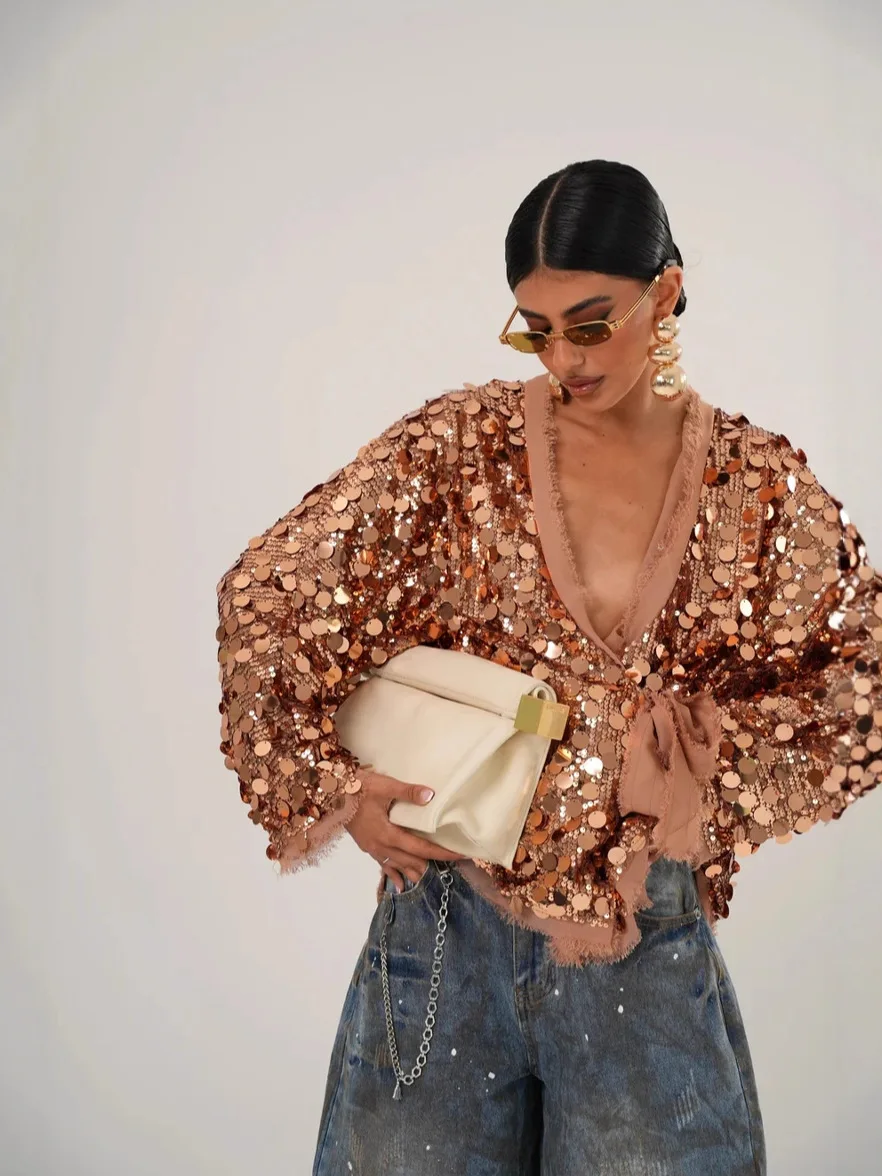 

Женская свободная куртка с длинным рукавом и блестками, новая осенне-зимняя женская сексуальная клубная куртка с v-образным вырезом на шнуровке, модная уличная лоскутная верхняя одежда