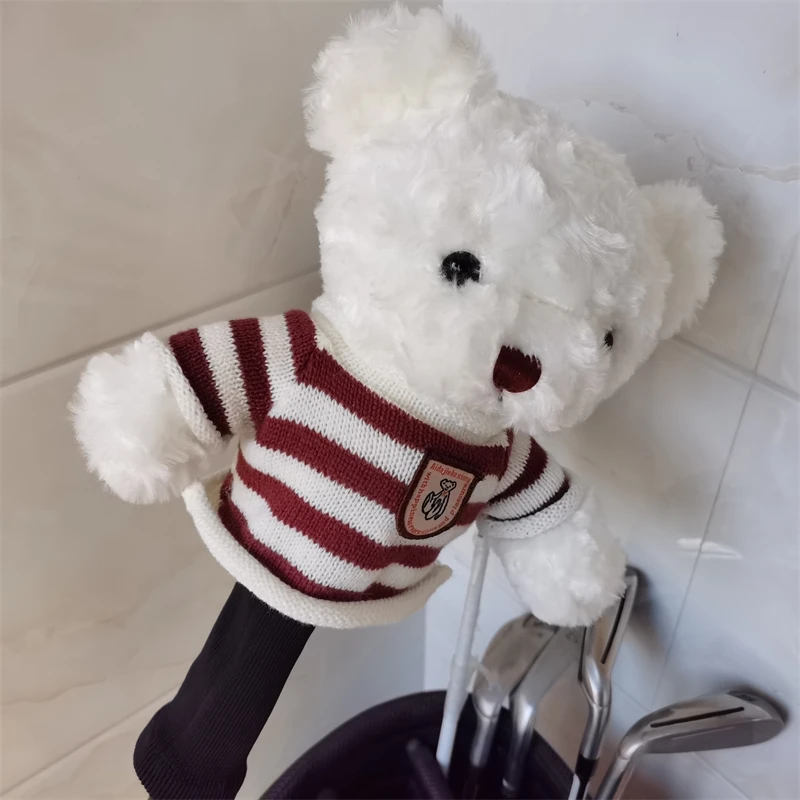 White Teddy Bear Golf Wood Head Covers For Driver Fairway Hybrid Club Headcovers Plush Protector