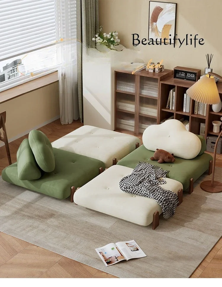 V W Cream Wind Sofa Bed Foldable Dual-purpose Single Module Sofa Small Apartment Living Room Tofu Block Lazy Sofa