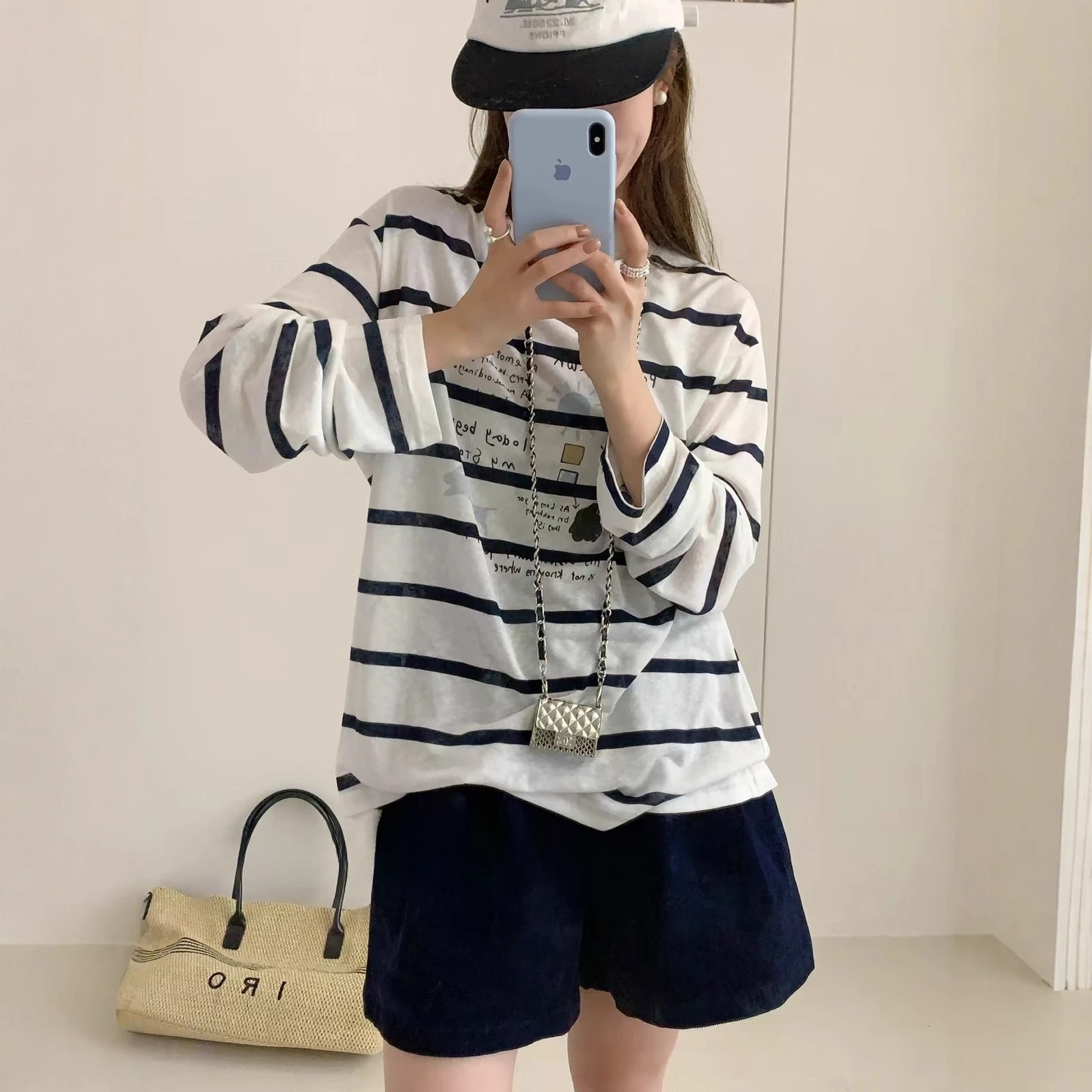 

Korean Cute Cartoon Print Striped Contrast Loose Long-sleeved T-shirt Autumn New Casual Top