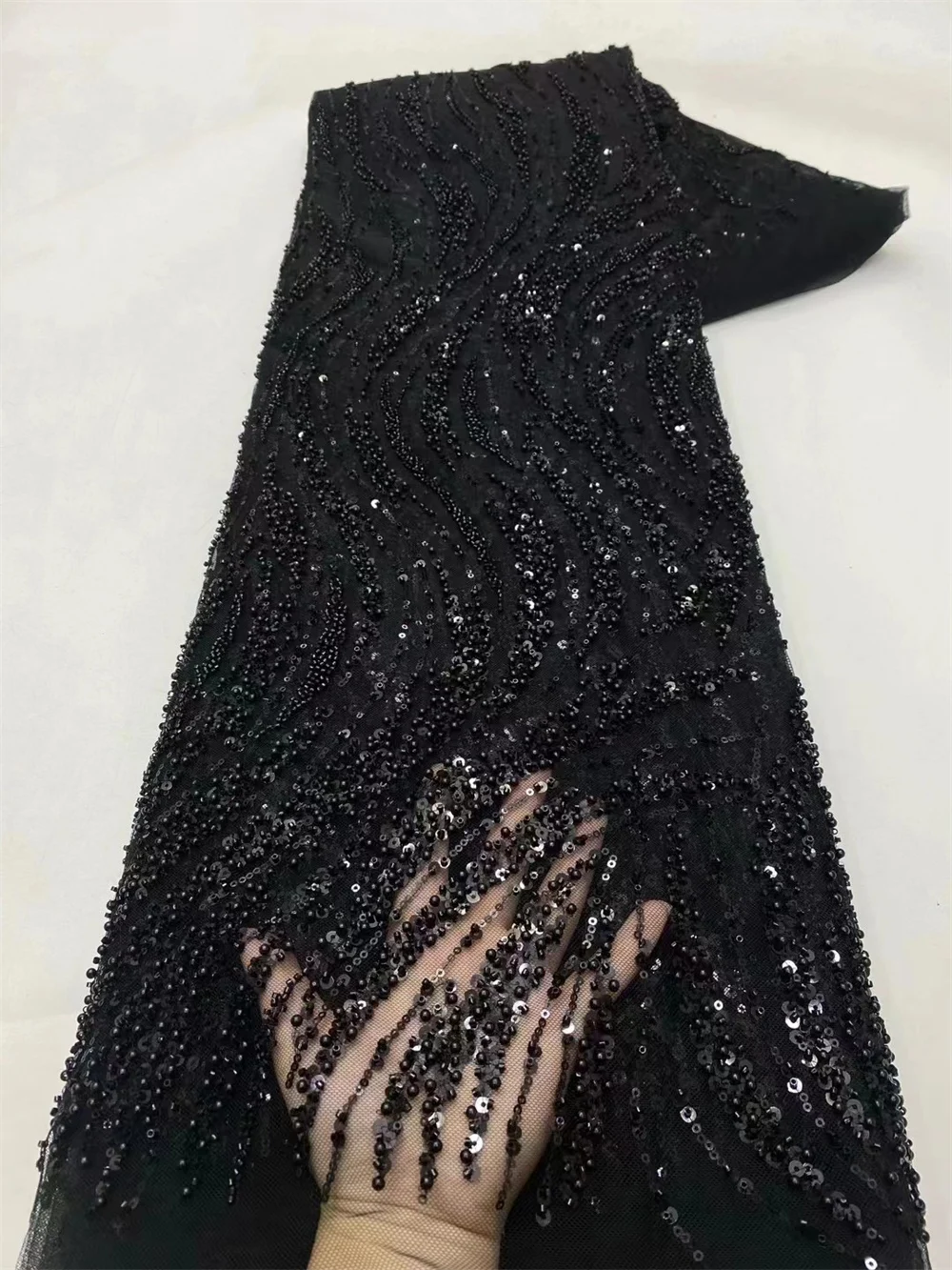 Black Latest French Tulle Beaded Sequin Lace Fabric 5 Yards 2024 High Quality Nigerian African Lace Fabric For Wedding Party