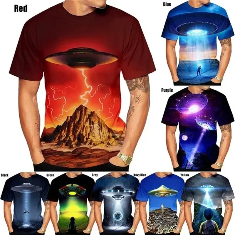 Camiseta con estampado de nave espacial para hombre, Top deportivo informal de manga corta, cuello redondo, talla grande, nueva moda de verano